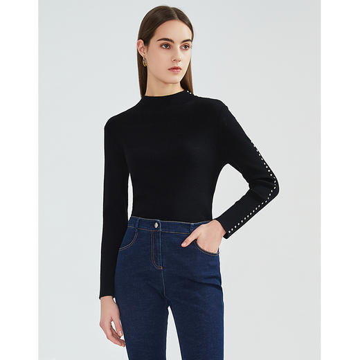 下架-EITIE爱特爱春季新款百搭纯色半高领修身显瘦钉珠打底针织衫6301002 商品图6