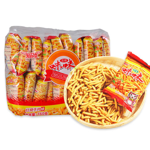 爱尚咪咪 虾条 红烧牛肉味 怀旧好吃零食大礼包 网红休闲小点心糕点（18g*20包）360g/袋 商品图0