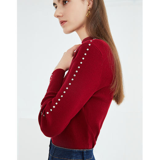 下架-EITIE爱特爱春季新款百搭纯色半高领修身显瘦钉珠打底针织衫6301002 商品图4