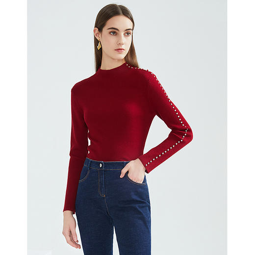 下架-EITIE爱特爱春季新款百搭纯色半高领修身显瘦钉珠打底针织衫6301002 商品图3