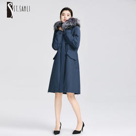 圣三利女装 新款可脱卸狐狸毛领收腰中长款派克服SL1941397