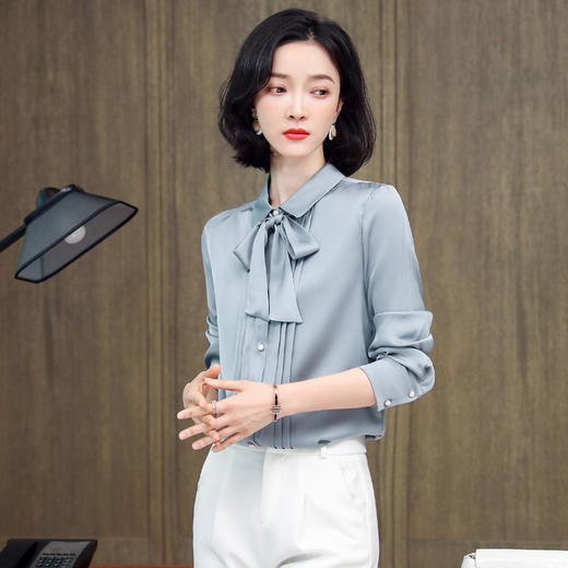 上海旗袍厂ASE-3388重磅真丝衬衣女宽松长袖气质优雅飘带桑蚕丝衬衫 商品图1