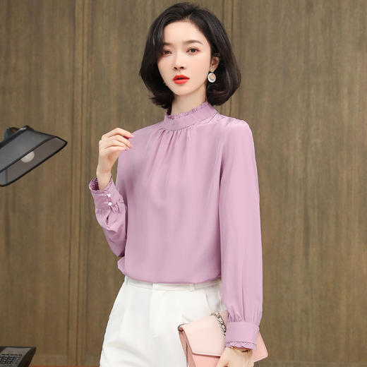 上海旗袍厂ASE-3381丝绸 圆领褶皱气质百塔时尚女士真丝衬衫 商品图0