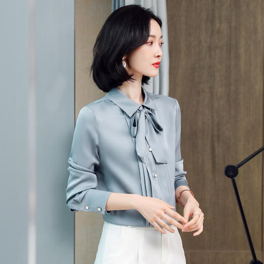 上海旗袍厂ASE-3388重磅真丝衬衣女宽松长袖气质优雅飘带桑蚕丝衬衫 商品图6