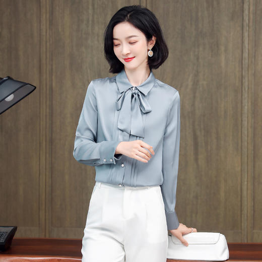 上海旗袍厂ASE-3388重磅真丝衬衣女宽松长袖气质优雅飘带桑蚕丝衬衫 商品图4