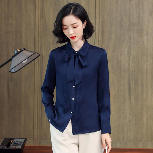 上海旗袍厂ASE-3388重磅真丝衬衣女宽松长袖气质优雅飘带桑蚕丝衬衫 商品图0
