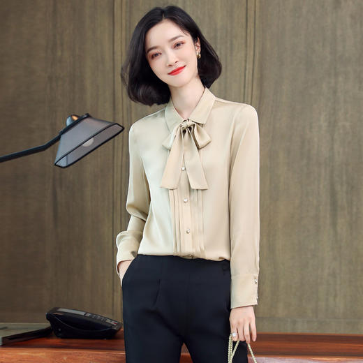 上海旗袍厂ASE-3388重磅真丝衬衣女宽松长袖气质优雅飘带桑蚕丝衬衫 商品图2