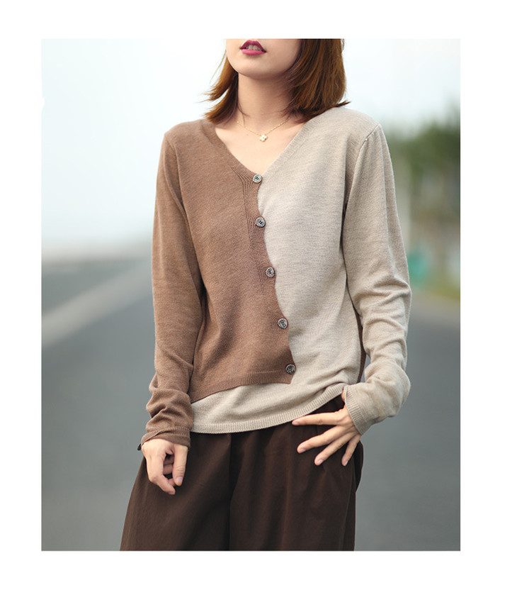 ahm-xyz6352 斜襟v领毛衣女2021春秋韩版时尚休闲设计感拼色长袖针织