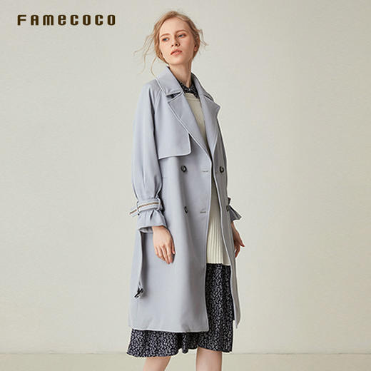 famecoco范可儿风衣外套2020时尚英伦风中长款收腰系带F191AB006 商品图3