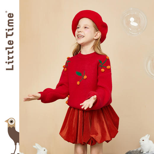 littletime童装樱桃毛衣冬新款立体装饰可爱红色年款上衣 商品图0