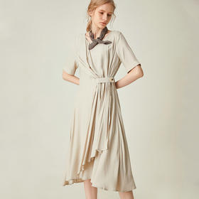 famecoco范可儿不规则连衣裙夏季纯色五分袖收腰中长裙F193FA058