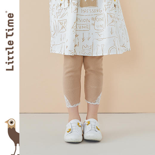 littletime童装纯色打底裤 2021春季简约蕾丝拼接长裤女童3-8岁 商品图1