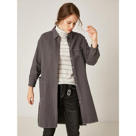 famecoco范可儿宽松苎麻衬衫女长袖休闲百搭中长款F195BA026 商品图0