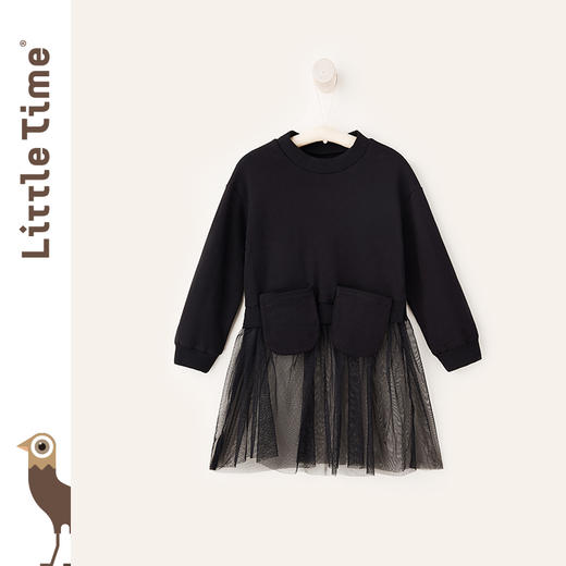 littletime2020春季新款 女童全棉卫衣拼接网纱裙简约儿童连衣裙 商品图0