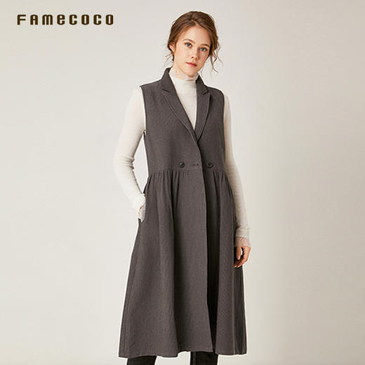 famecoco范可儿休闲中长款外套收腰双排扣马夹女 F195CA008 商品图1