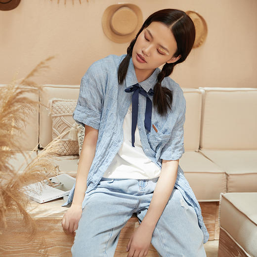 famecoco/范可儿蓝色条纹衬衫女文艺纯棉短袖衬衣F203BA034 商品图0