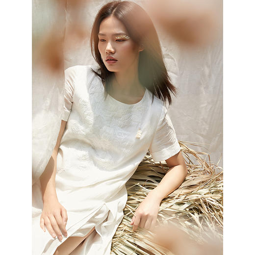 Famecoco范可儿连衣裙绣花圆领丝麻混纺连衣裙长裙F203FA050 商品图0