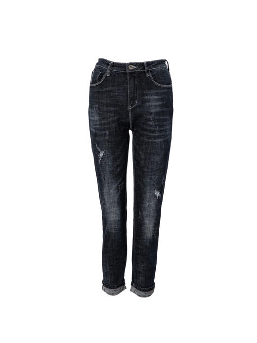 Famecoco范可儿九分牛仔裤女秋冬季深色设计感修身长裤F198GA027 商品图4