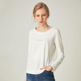 famecoco范可儿全棉t恤长袖白色纯棉圆领字母打底上衣F191BB011