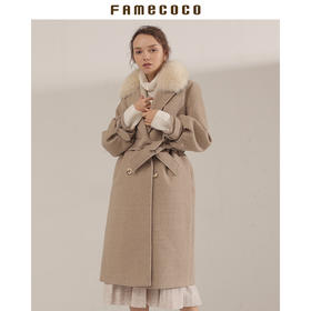 Famecoco范可儿毛呢外套中长款时尚狐狸毛领大衣F188AC001