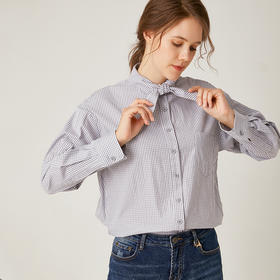 Famecoco范可儿格子衬衫女长袖秋季纯棉设计感全棉上衣F195BA008