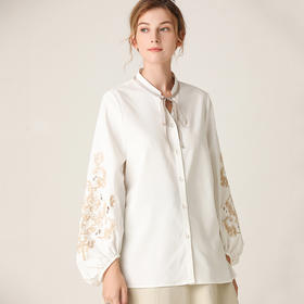 Famecoco范可儿新款秋装绣花灯笼袖套头衫系带衬衫女F201BA005