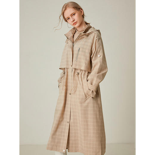 Famecoco范可儿风衣女格子连帽收腰假两件中长款F195AA006 商品图2