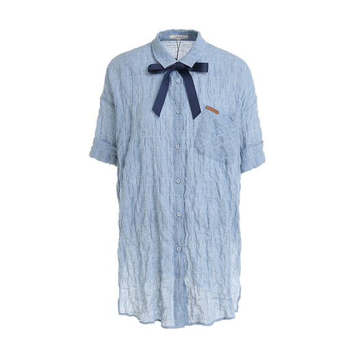 famecoco/范可儿蓝色条纹衬衫女文艺纯棉短袖衬衣F203BA034 商品图4