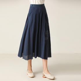 famecoco范可儿半身裙百搭刺绣中长款百褶裙F203HA006