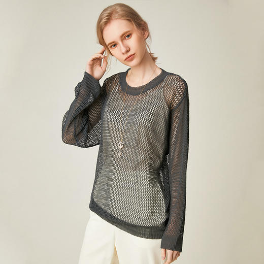 famecoco范可儿长袖T恤新款女宽松镂空大码打底衫上衣F193DB101 商品图2