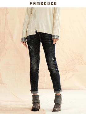 Famecoco范可儿九分牛仔裤女秋冬季深色设计感修身长裤F198GA027