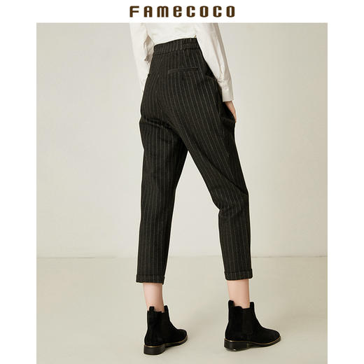Famecoco范可儿条纹西裤小脚毛呢裤F188GA048 商品图1