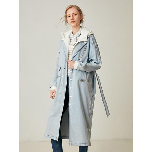 Famecoco范可儿牛仔风衣连帽收腰气质中长款外套F195AA020 商品图0