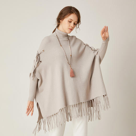 Famecoco范可儿秋季高领毛衣女宽松外穿流苏套头毛衫F195DB033 商品图0