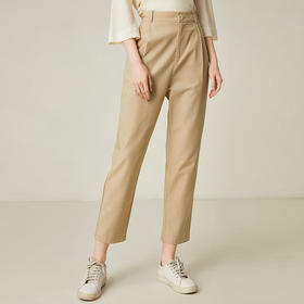 Famecoco范可儿西装休闲裤女杏色韩版直筒棉质9分长裤F185GA150
