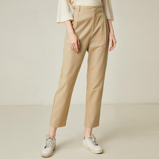 Famecoco范可儿西装休闲裤女杏色韩版直筒棉质9分长裤F185GA150 商品图0