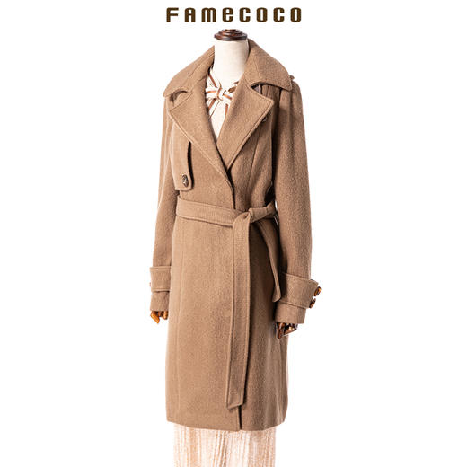 famecoco范可儿女秋冬季中长款毛呢腰带袖章气质外套F177AC039 商品图2
