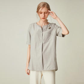 famecoco范可儿女士衬衫新款夏短袖v领外穿宽松百搭上衣F193BD010