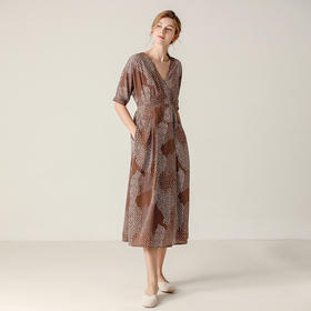 famecoco范可儿连衣裙V领雪纺复古显瘦长裙女F203FA055