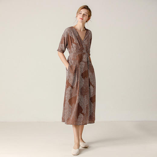 famecoco范可儿连衣裙V领雪纺复古显瘦长裙女F203FA055 商品图0