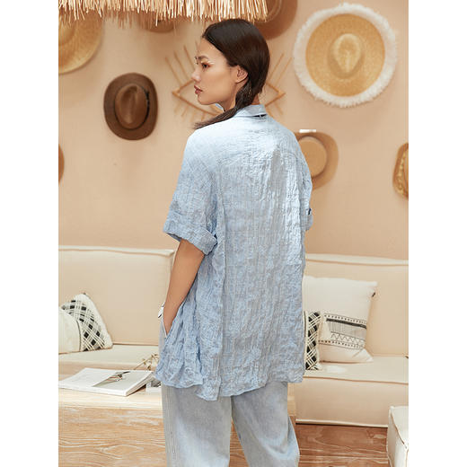 famecoco/范可儿蓝色条纹衬衫女文艺纯棉短袖衬衣F203BA034 商品图1