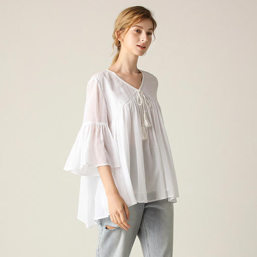 famecoco范可儿蝴蝶结流苏宽松雪纺衬衫女F203BD010 商品图0