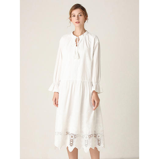 famecoco范可儿连衣裙女V领荷叶袖百褶中长裙F201FA034 商品图3