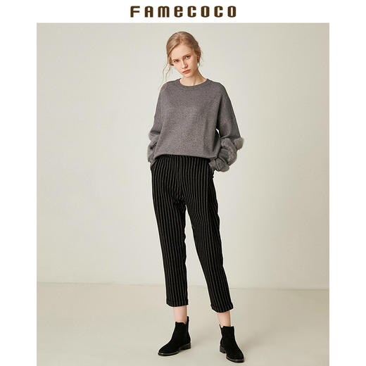 Famecoco范可儿条纹西裤小脚毛呢裤F188GA048 商品图3