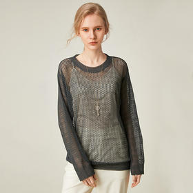 famecoco范可儿长袖T恤新款女宽松镂空大码打底衫上衣F193DB101