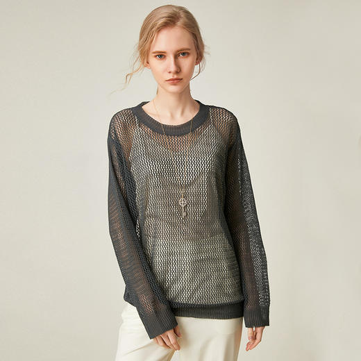 famecoco范可儿长袖T恤新款女宽松镂空大码打底衫上衣F193DB101 商品图0