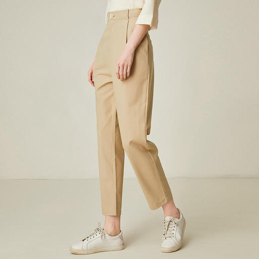 Famecoco范可儿西装休闲裤女杏色韩版直筒棉质9分长裤F185GA150 商品图2