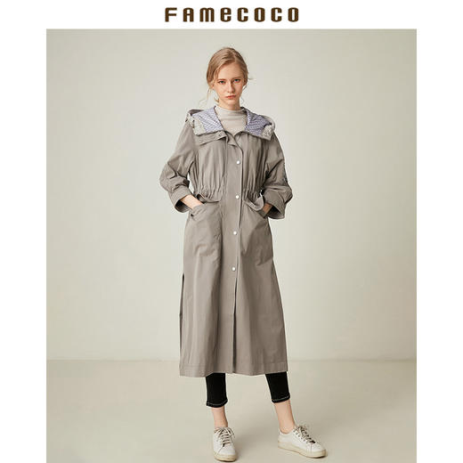 Famecoco范可儿工装风衣女连帽防风运动休闲中长款外套F185AA034 商品图2