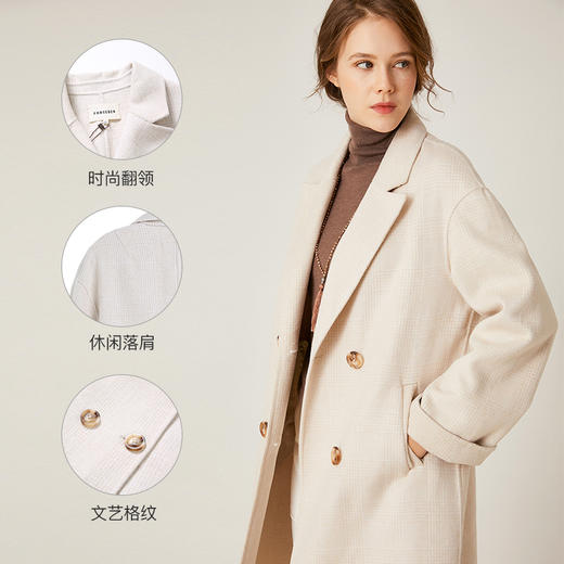 famecoco范可儿格纹中长款绵羊毛毛呢大衣外套F198AC024 商品图3