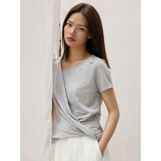 Famecoco范可儿衬衫女设计感小众交叉刺绣短袖上衣F203BE001 商品图2